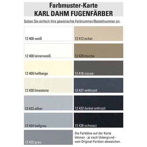 Farbmusterkarte Fugenfärber KARL DAHM - Jetzt Wunschfarbe bestimmen