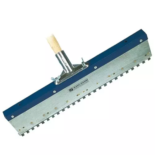 Standing squeegee with toothed bar included. Protects back and health.