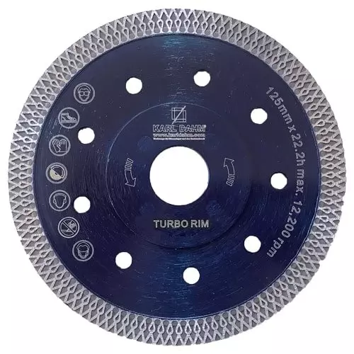 Diamond saw blade Turbo Rim blue, KARL DAHM | 125 mm diameter. For hard materials like natural stone and porcelain stoneware