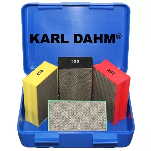 Diamond grinding pad set medium size, grit 60 - 400. diamond grinding pad green, black, red and yellow. Buy now at KARL DAHM